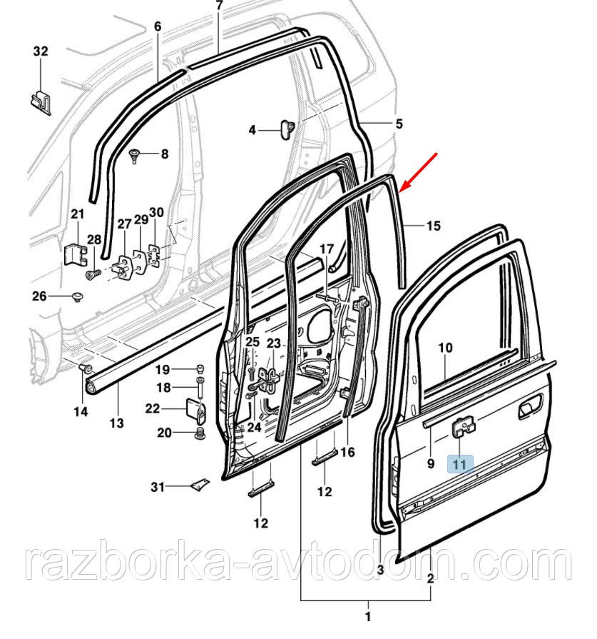 Щільна гумка скла передня лівих дверей Opel Zafira A (1999-2005) ОЕ: 90579538